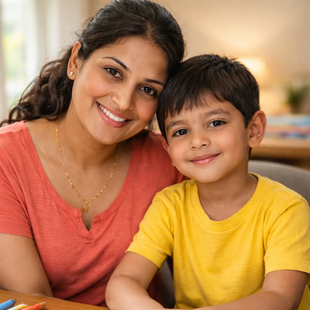 Indian mother and young son smiling together in a warm home learning environment