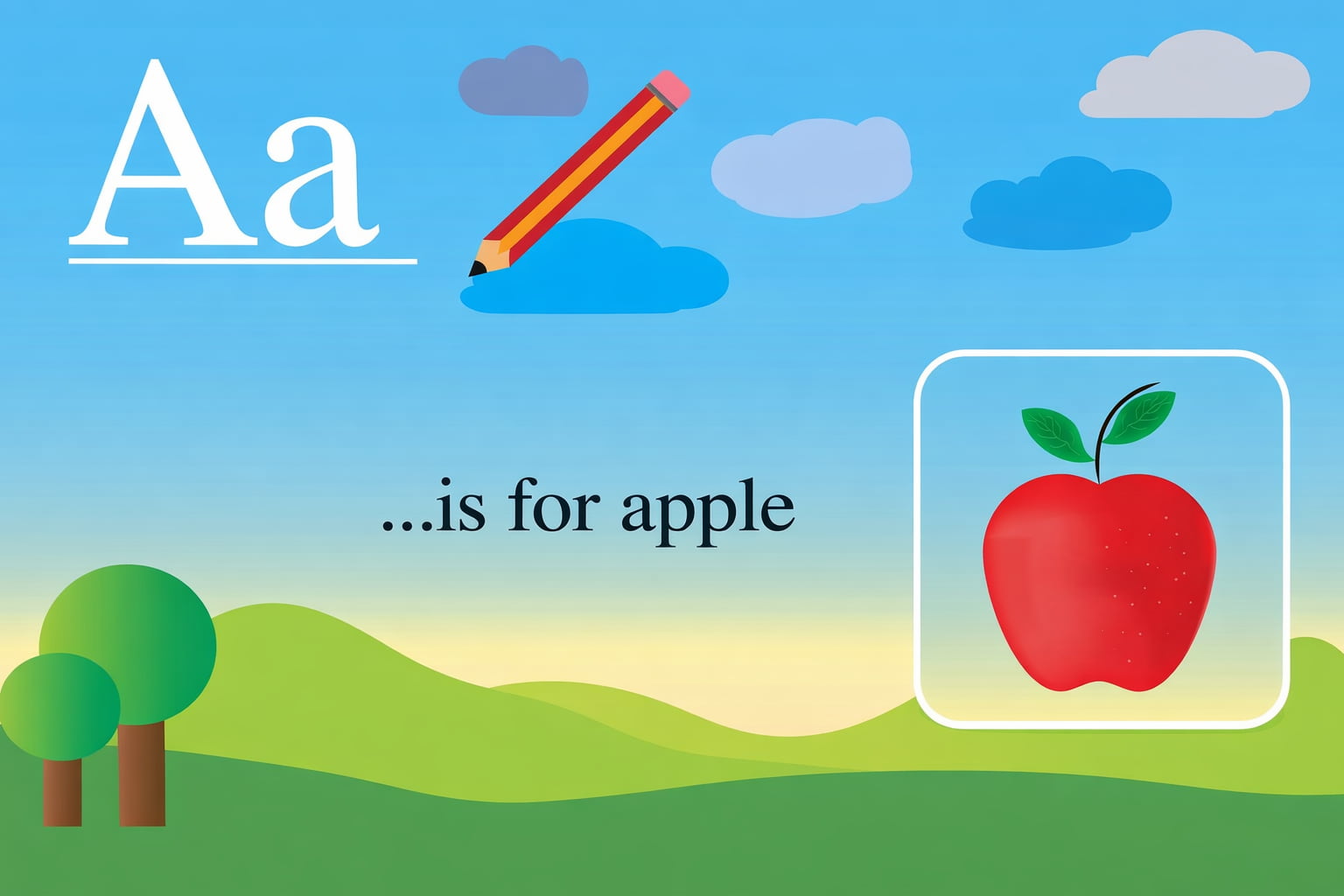 Alphabet worksheets for kids illustration showing letter A for apple example for preschool and kindergarten learning