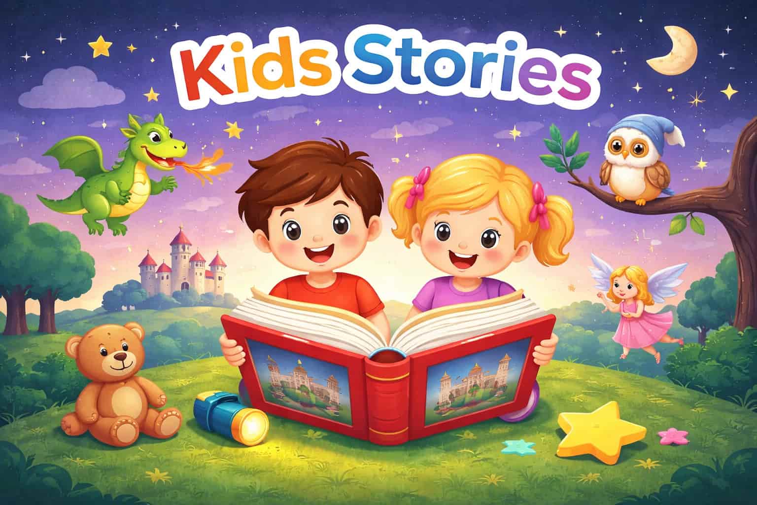 Kids story illustration showing children reading a storybook with fairy tale characters and bedtime story theme
