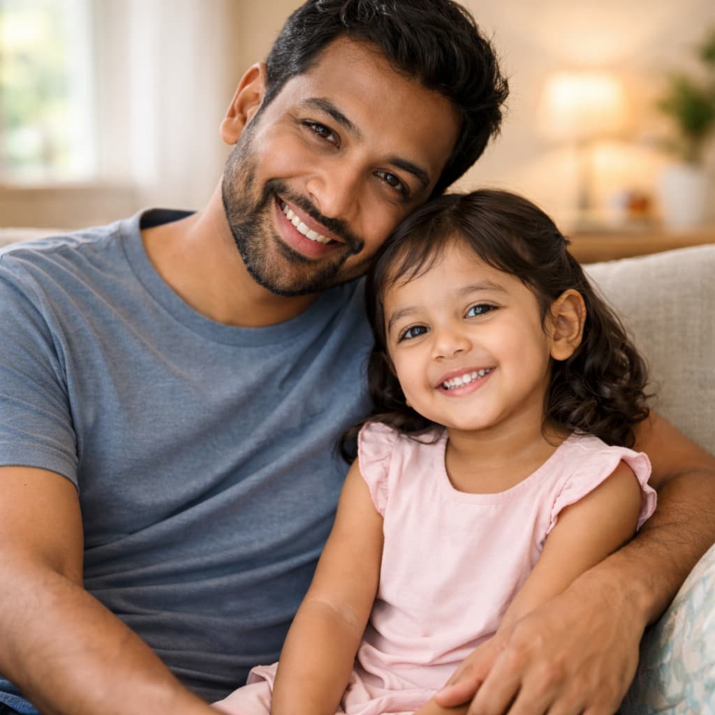 Indian father sitting on a sofa with his smiling young daughter in a bright living room, sharing a warm and loving family moment.