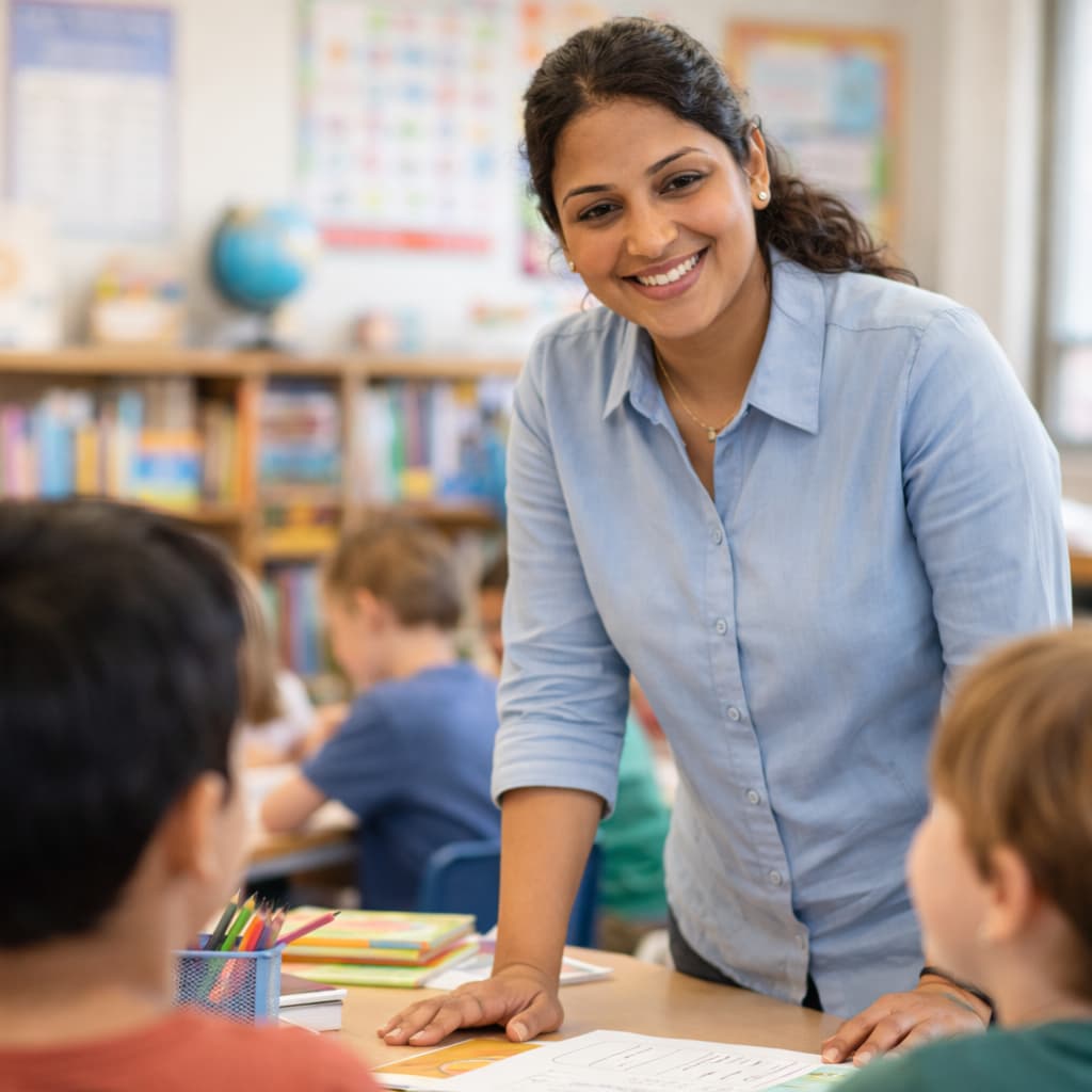 Indian primary school teacher helping students in a colorful classroom with books and learning materials.