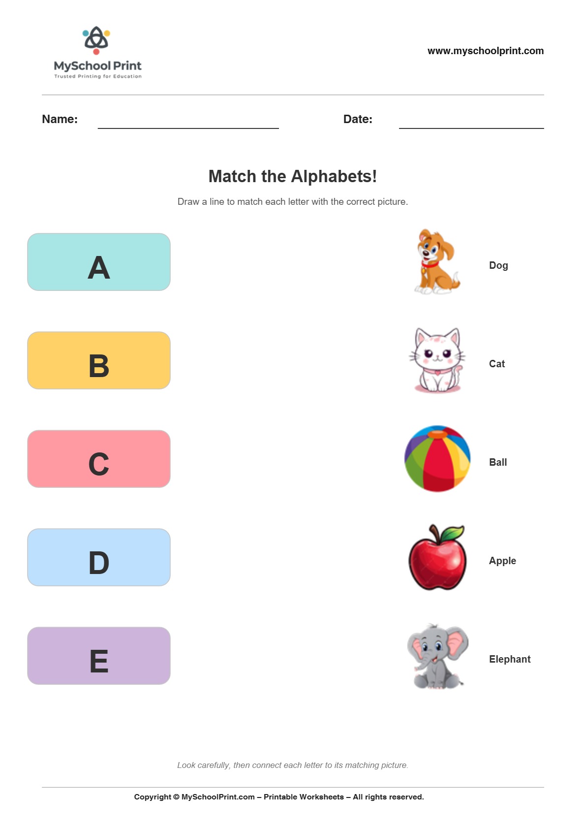 Alphabet matching worksheet 1 with uppercase letters and colorful pictures for preschool and kindergarten