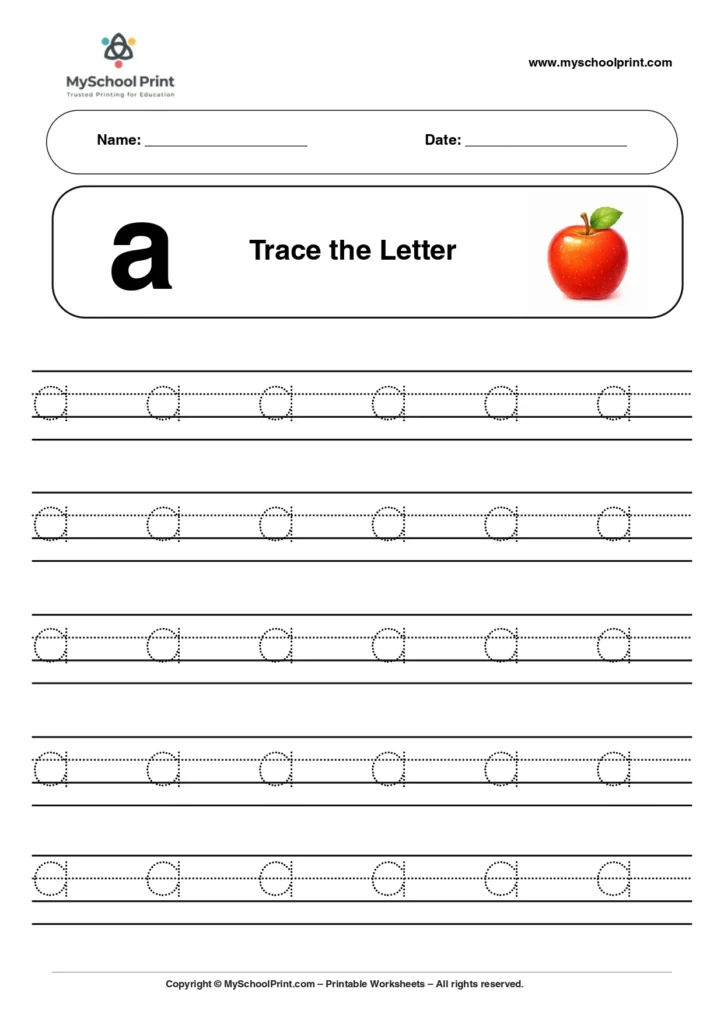 Lowercase letter a worksheet for preschool and kindergarten