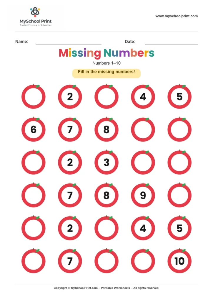 Missing numbers worksheet 1