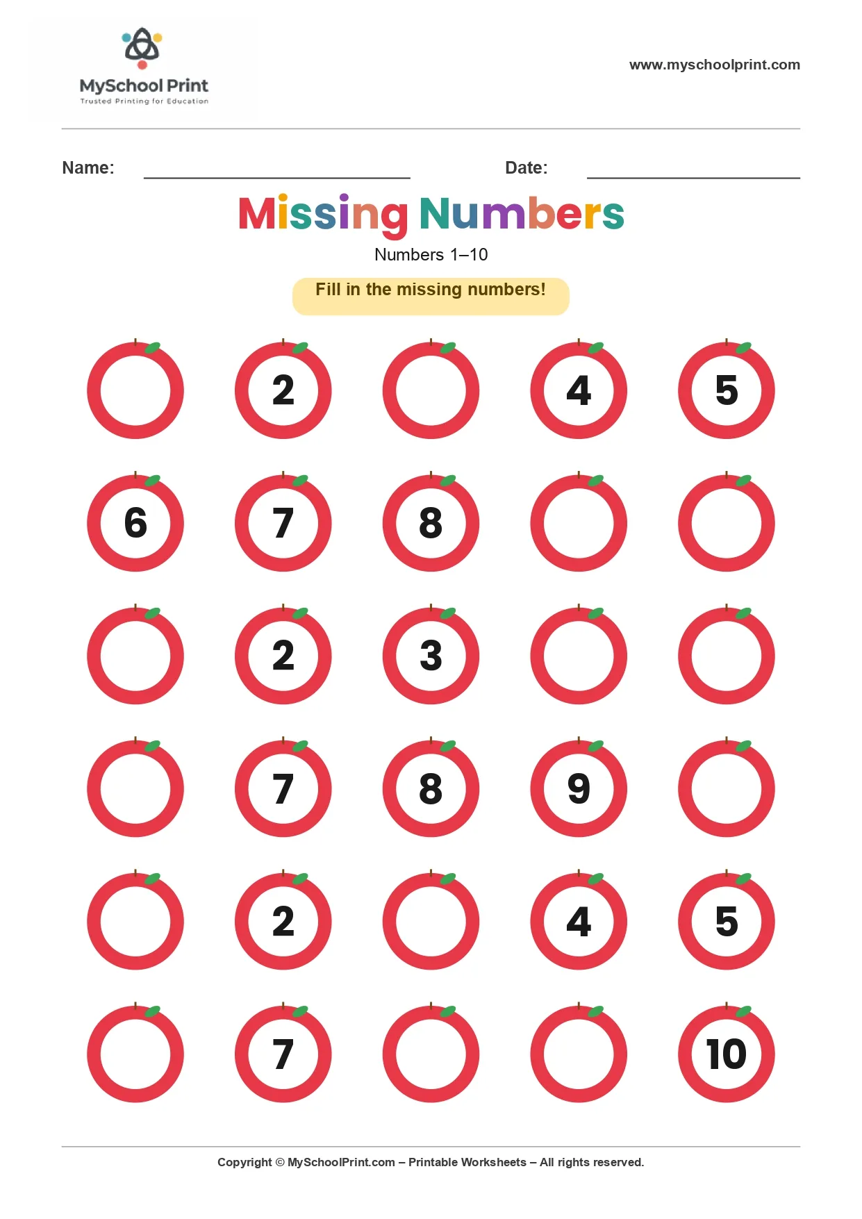 Missing numbers worksheet 1