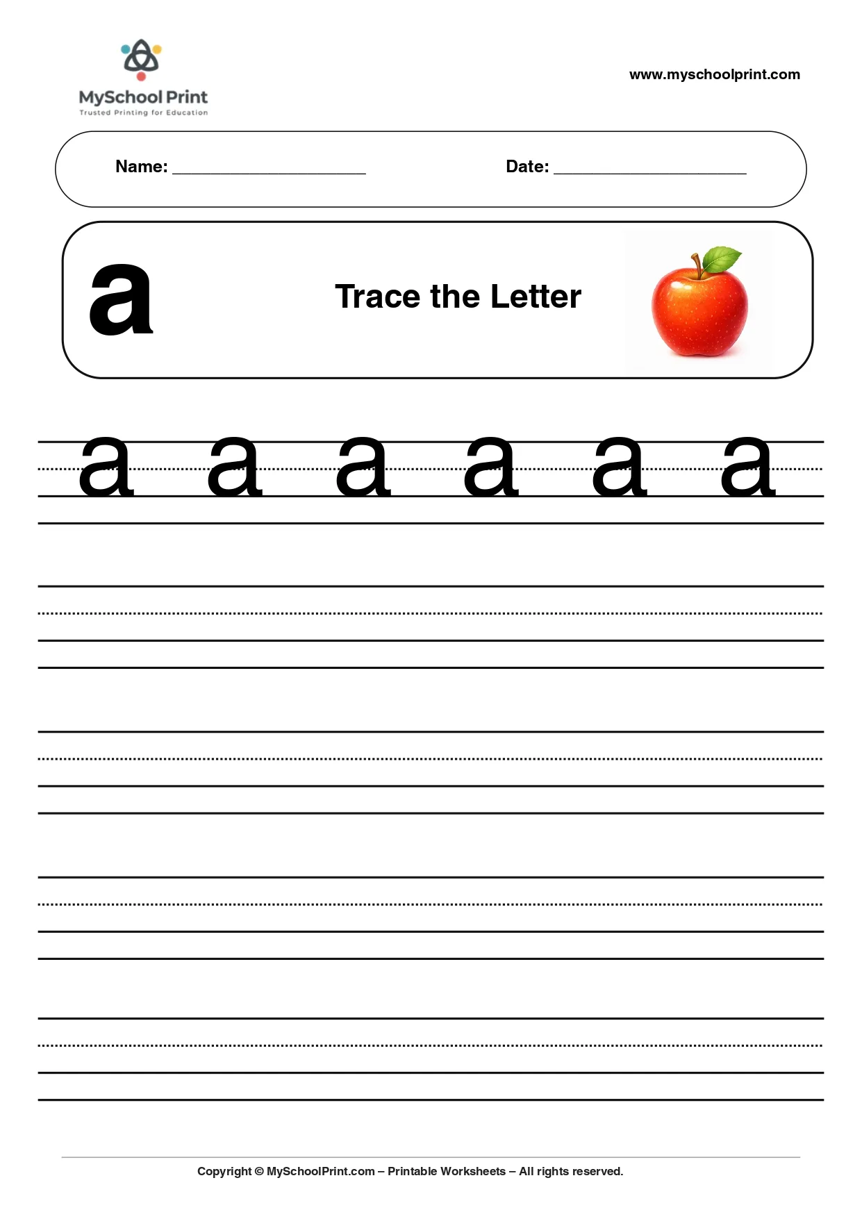 Solid lowercase letter a worksheet for preschool and kindergarten