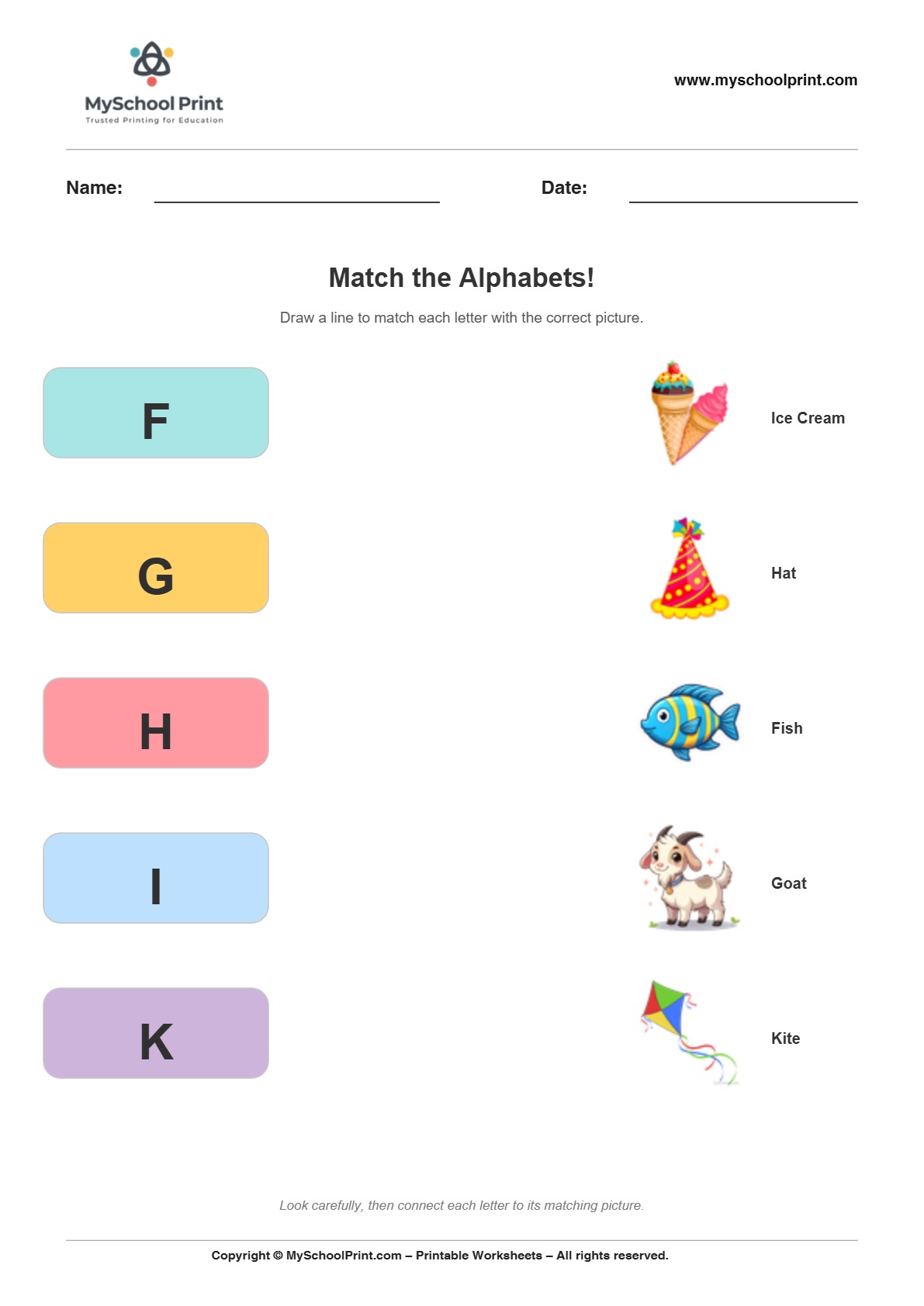 Alphabet matching worksheet 2 with uppercase letters and colorful pictures for preschool and kindergarten
