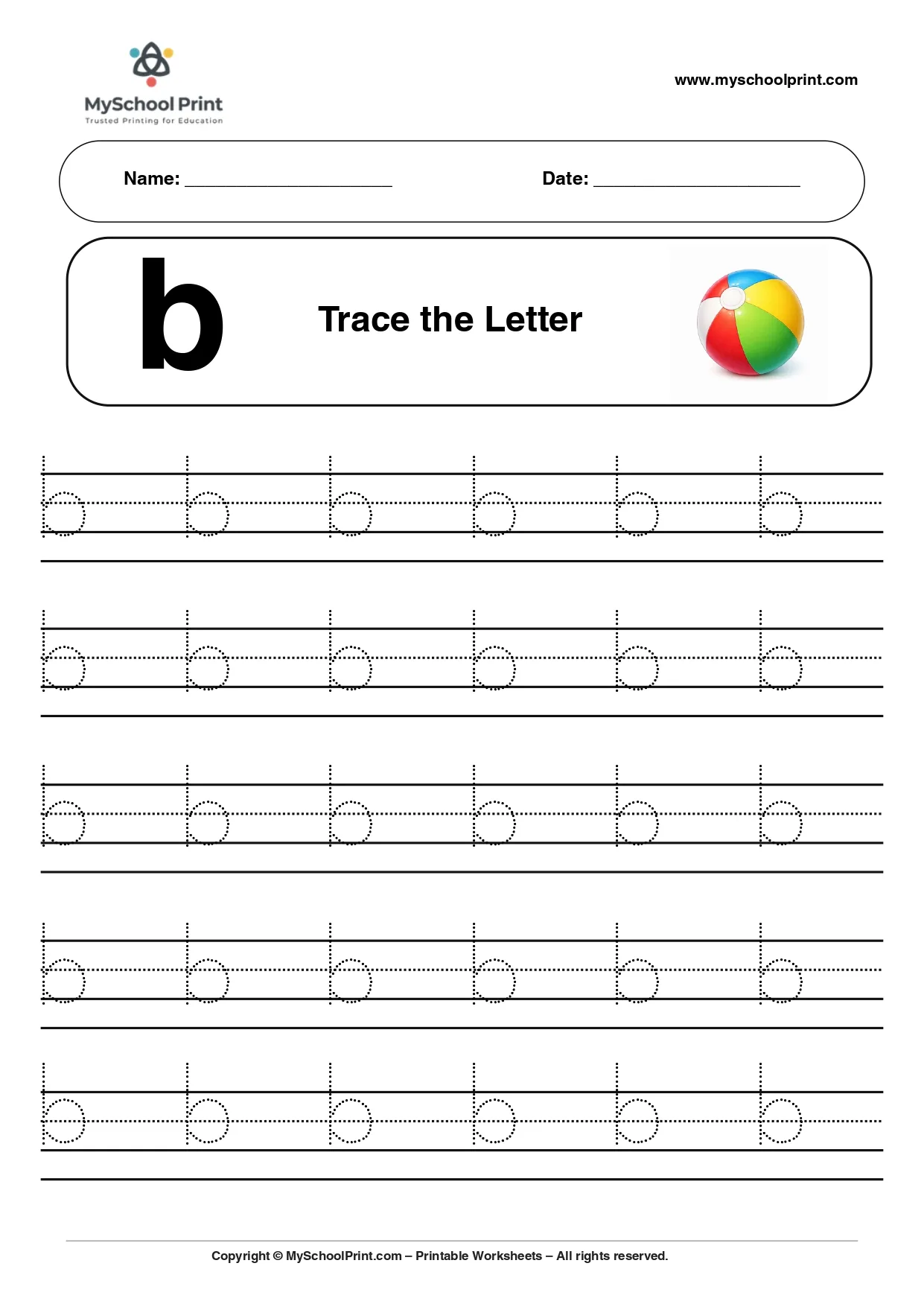 Lowercase letter b worksheet for preschool and kindergarten