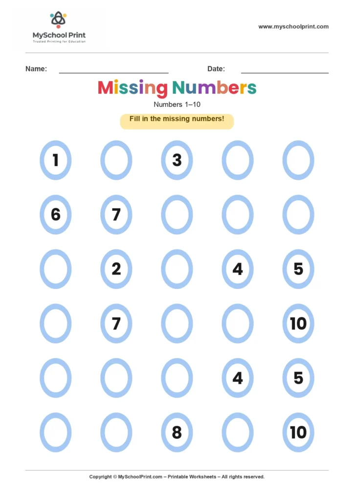 Missing numbers worksheet 2