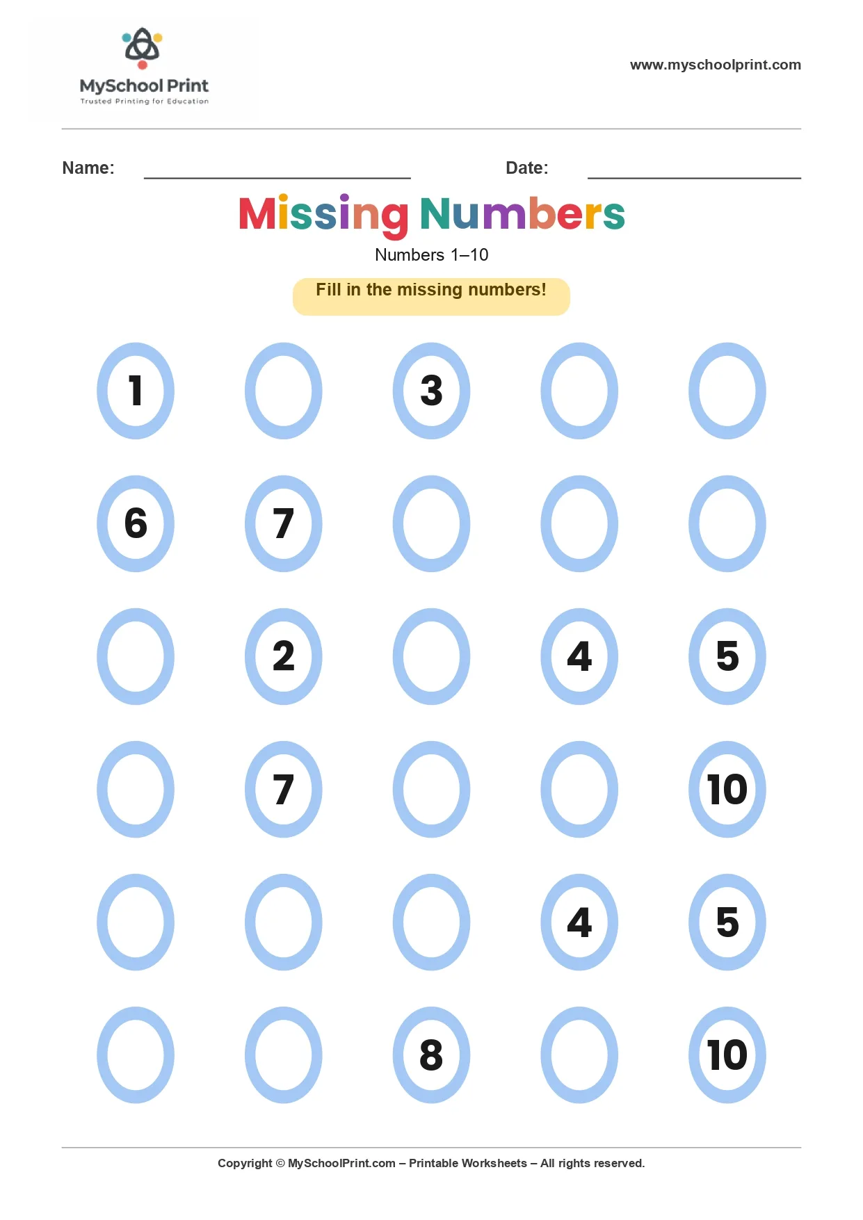 Missing numbers worksheet 2