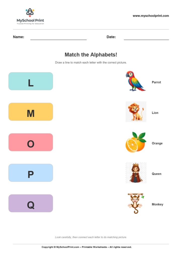 Alphabet matching worksheet 3 with uppercase letters and colorful pictures for preschool and kindergarten