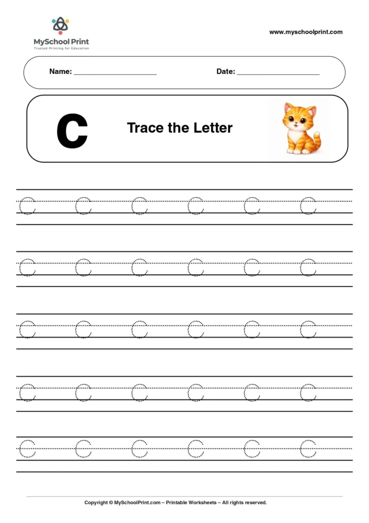 Lowercase letter c worksheet for preschool and kindergarten