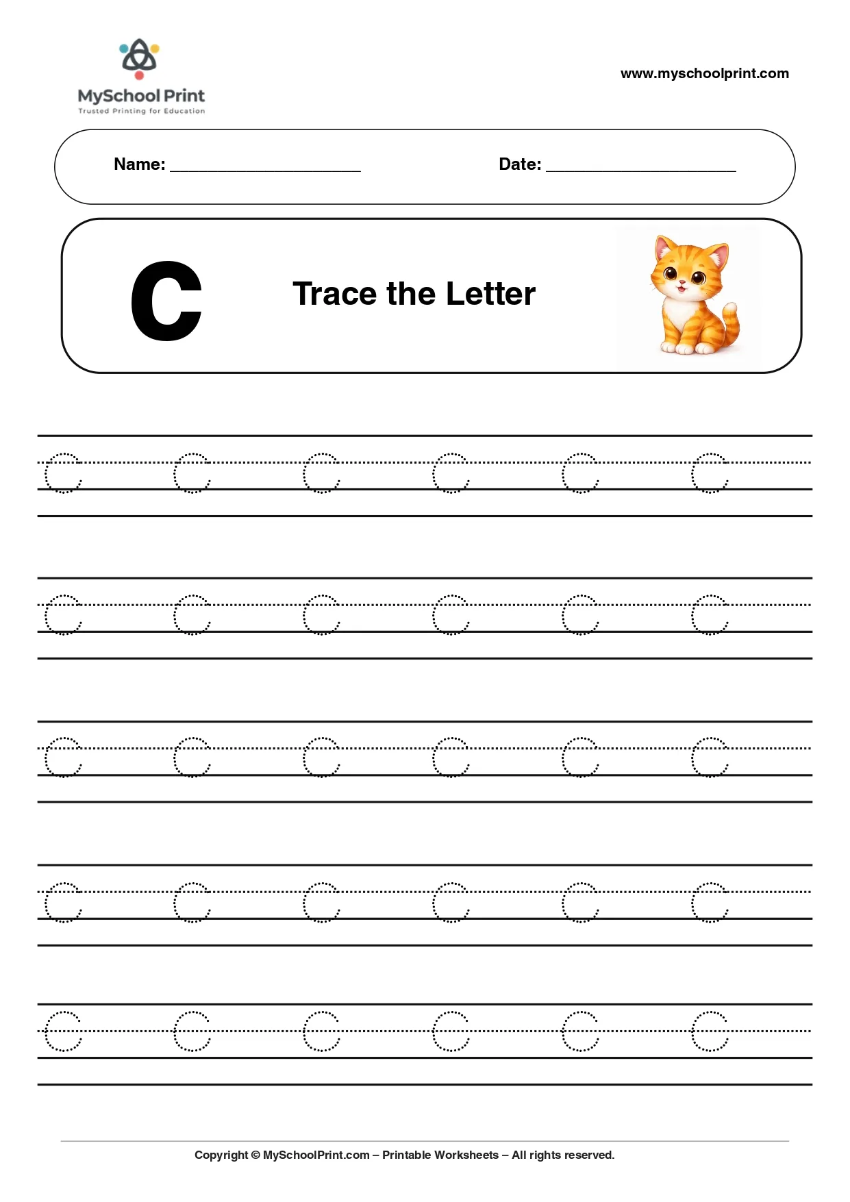 Lowercase letter c worksheet for preschool and kindergarten