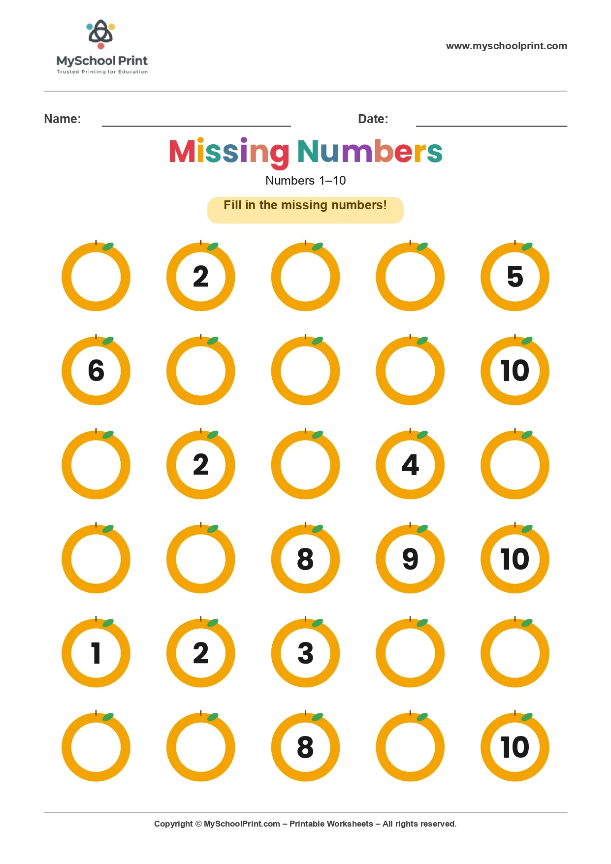 Missing numbers worksheet 3