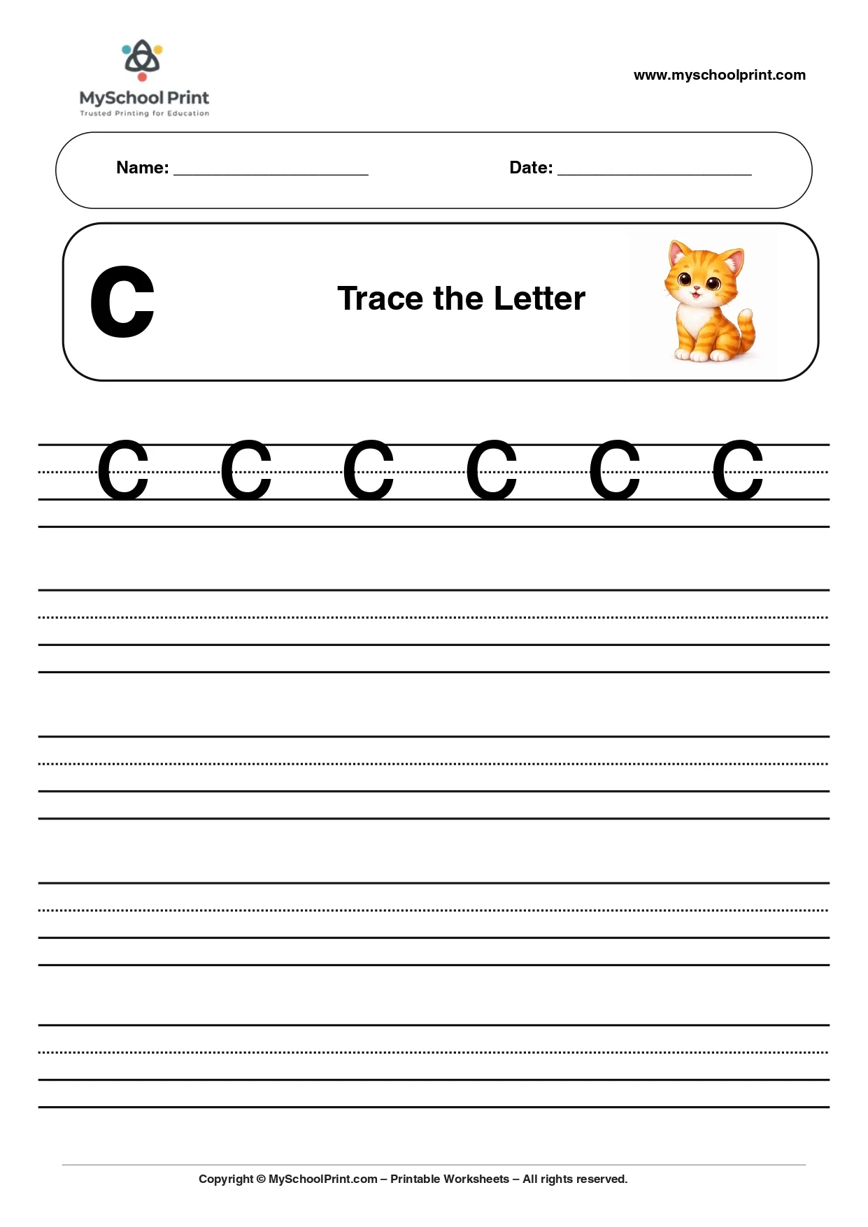 Solid lowercase letter c worksheet for preschool and kindergarten