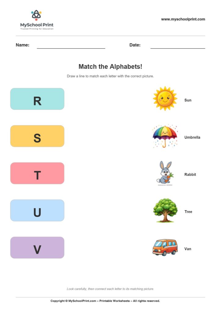 Alphabet matching worksheet 4 with uppercase letters and colorful pictures for preschool and kindergarten