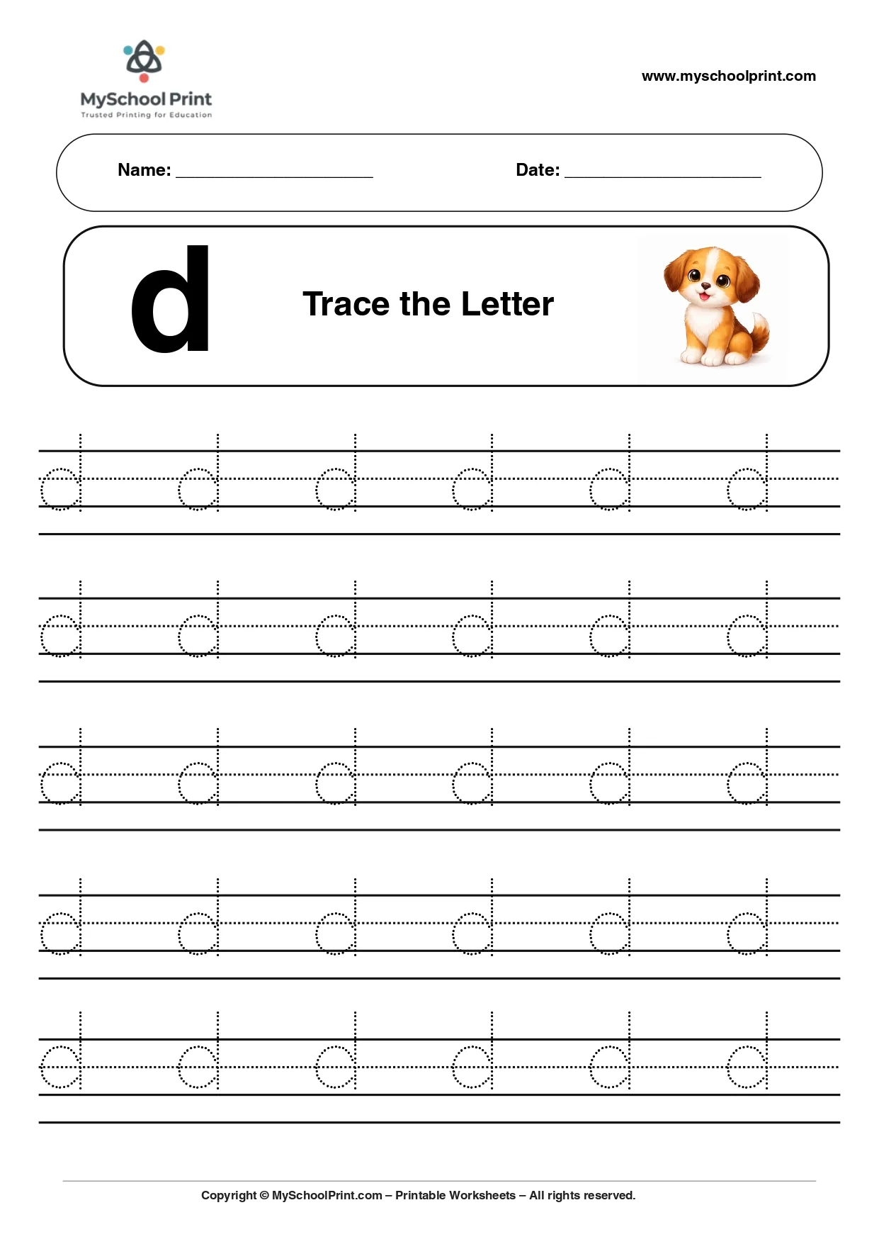 Lowercase letter d worksheet for preschool and kindergarten