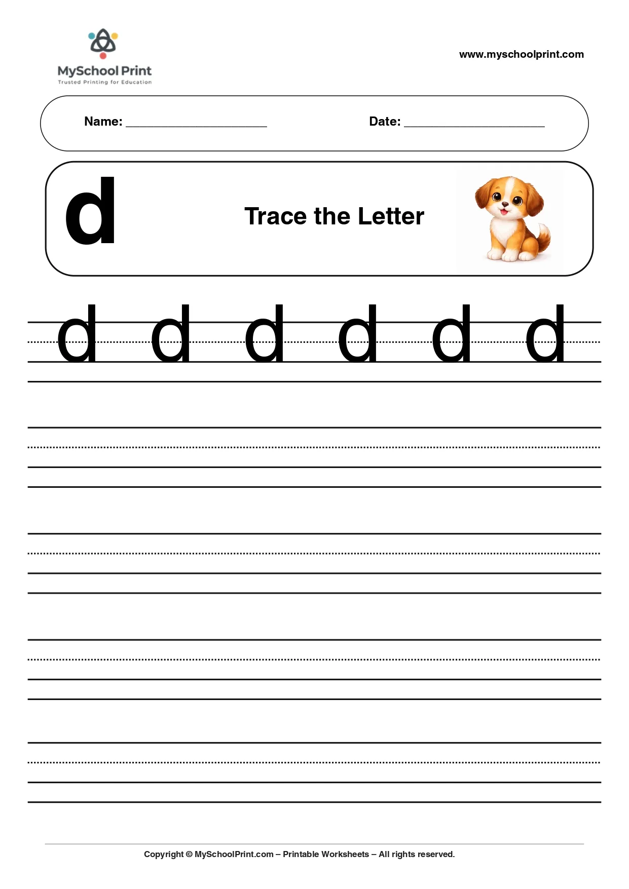Solid lowercase letter d worksheet for preschool and kindergarten