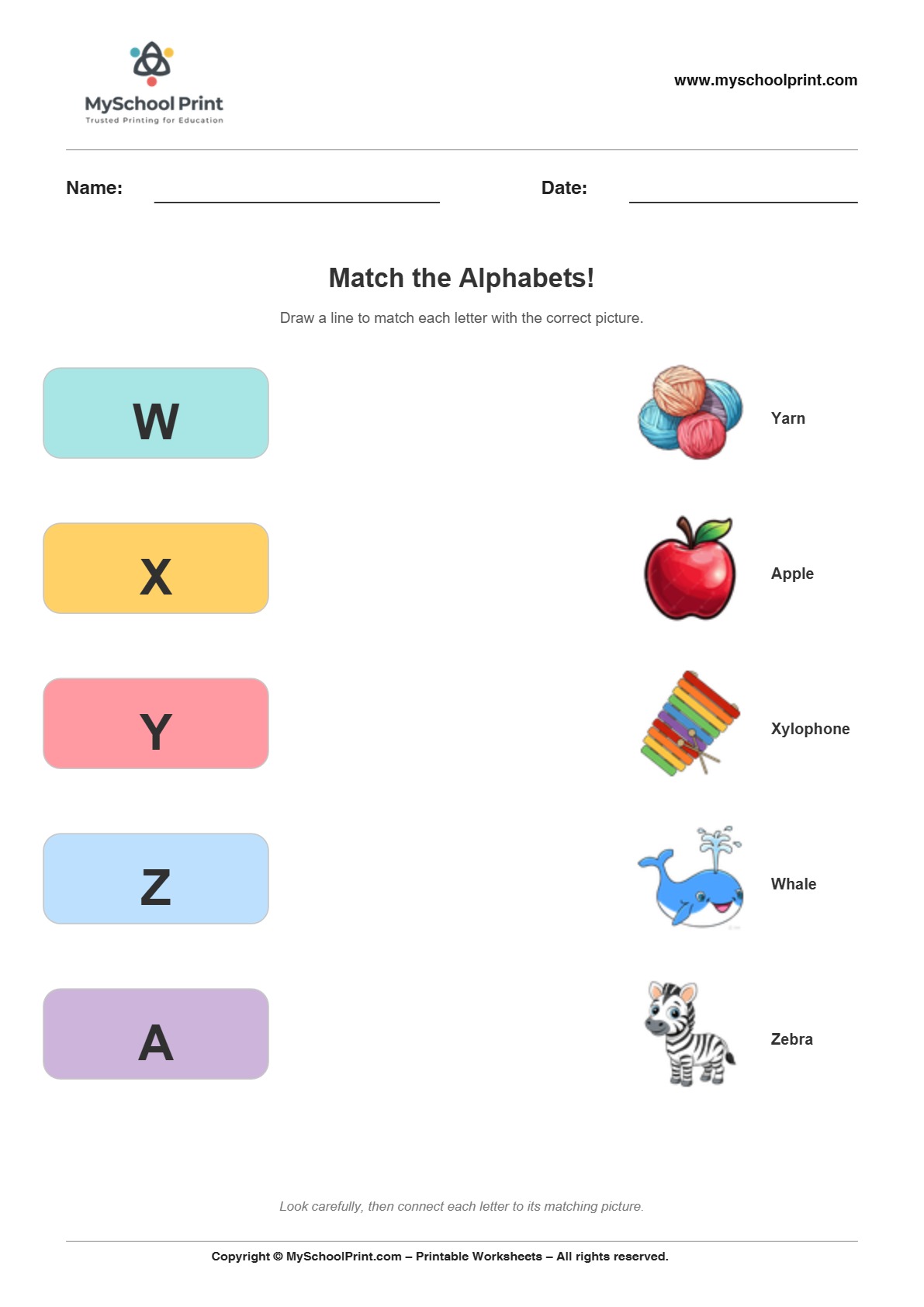 Alphabet matching worksheet 5 with uppercase letters and colorful pictures for preschool and kindergarten