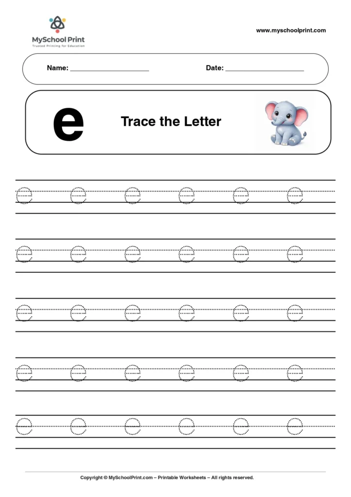 Lowercase letter e worksheet for preschool and kindergarten