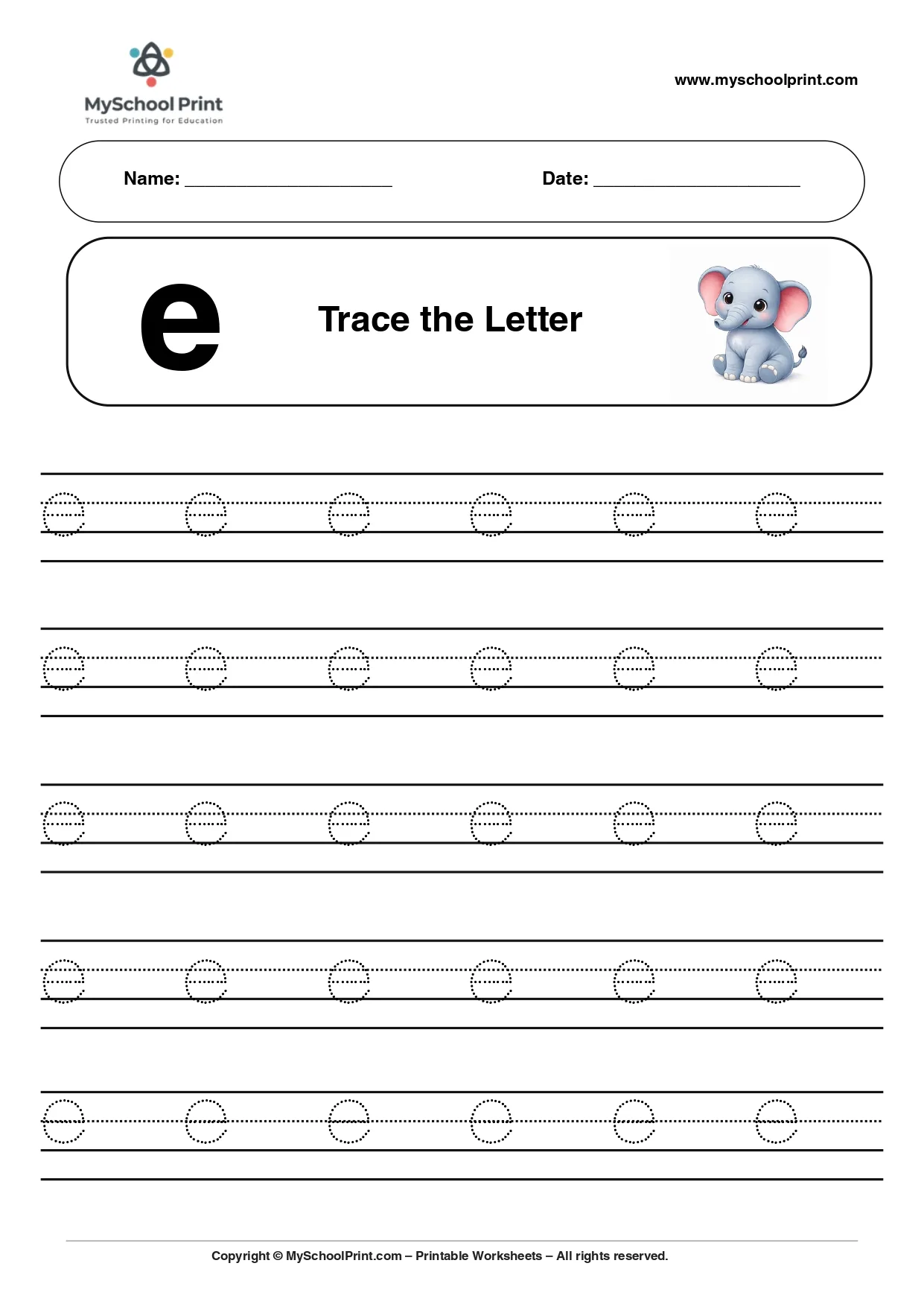 Lowercase letter e worksheet for preschool and kindergarten
