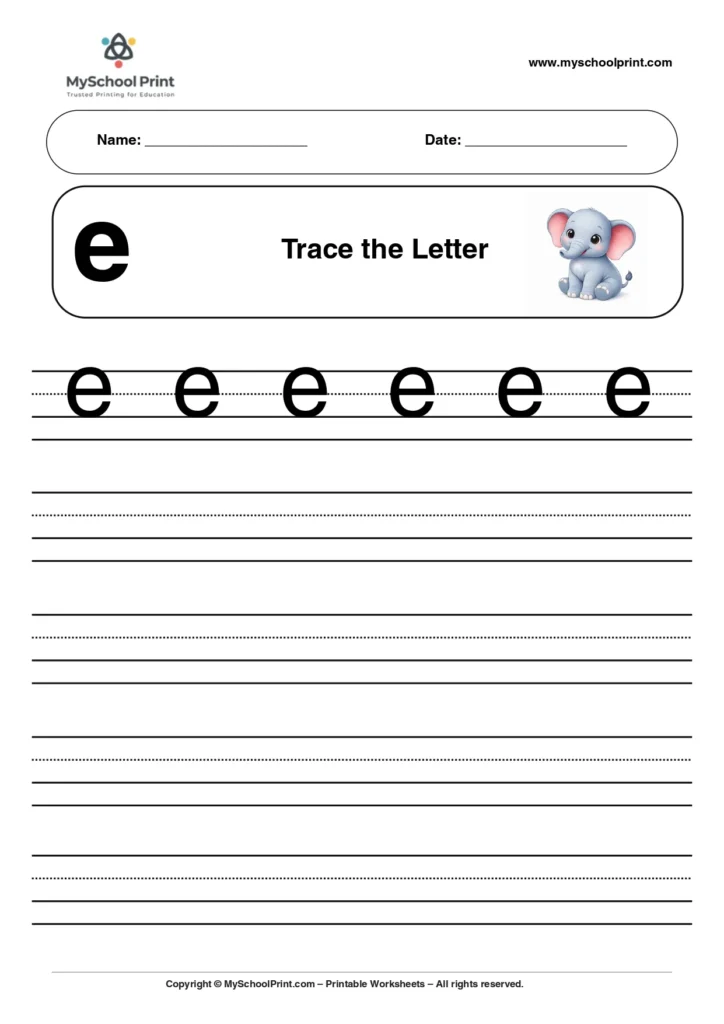 Solid lowercase letter e worksheet for preschool and kindergarten