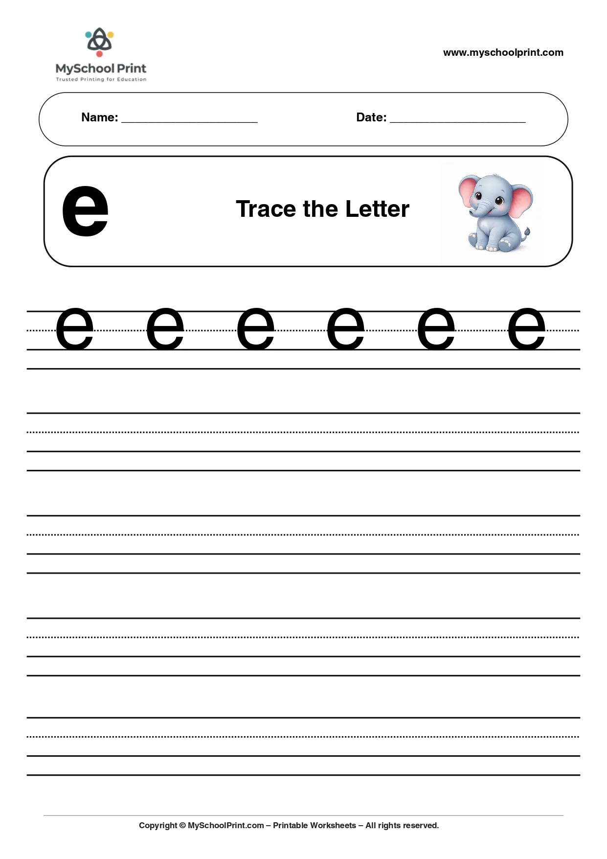 Solid lowercase letter e worksheet for preschool and kindergarten