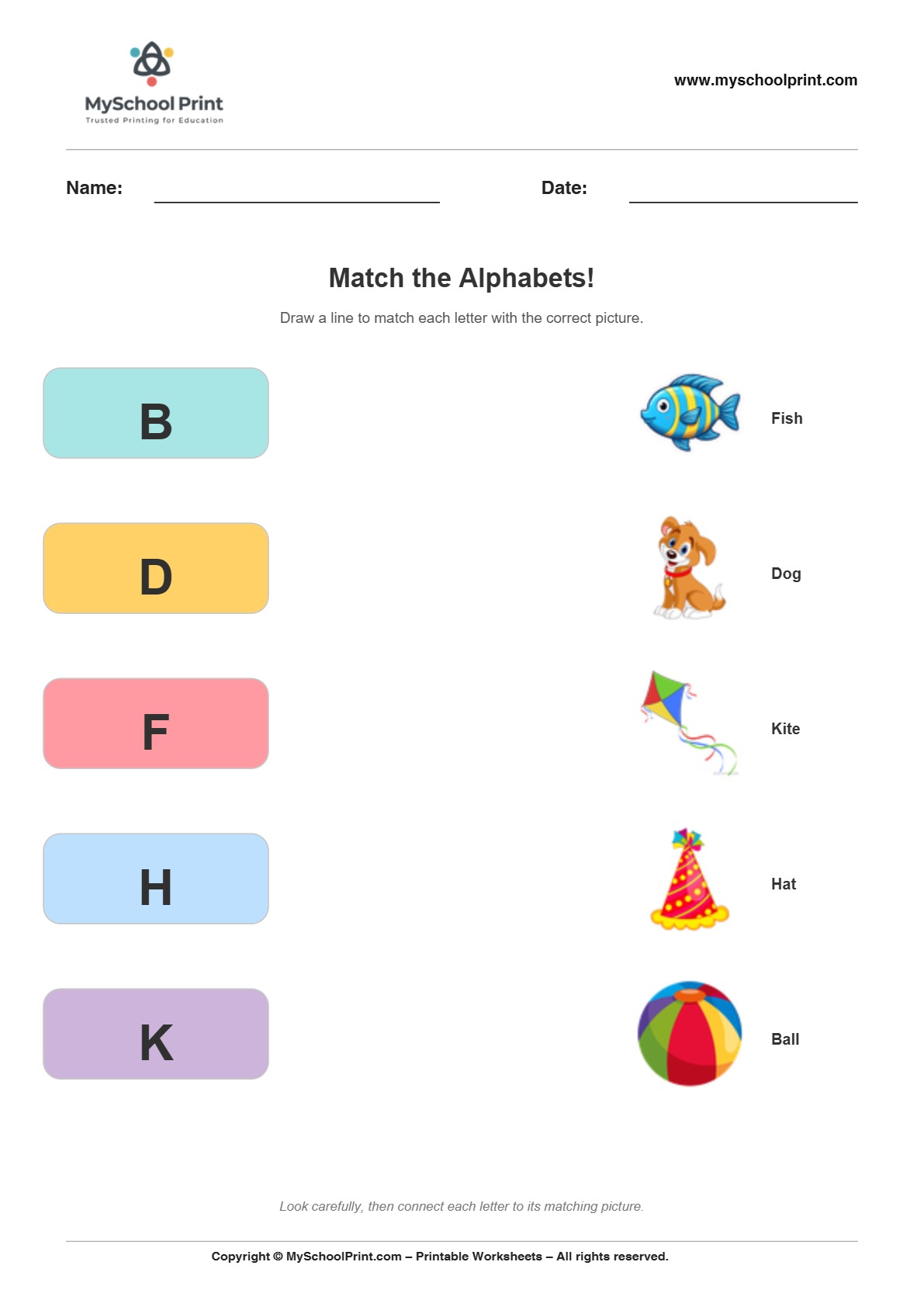 Alphabet matching worksheet 6 with uppercase letters and colorful pictures for preschool and kindergarten