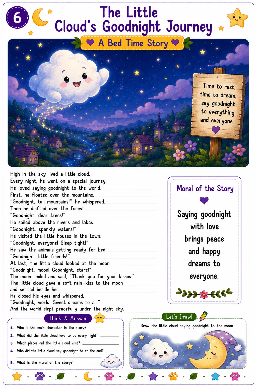Bedtime story learning sheet for kids