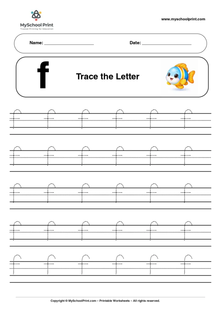Lowercase letter f worksheet for preschool and kindergarten