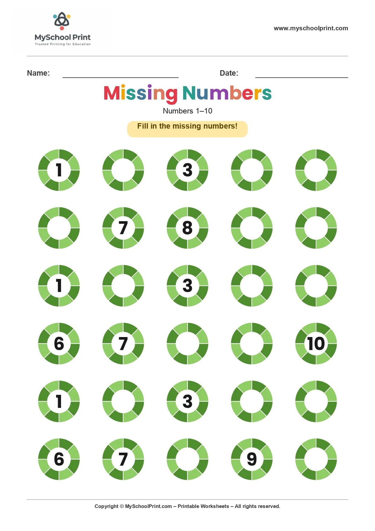 Missing numbers worksheet 6
