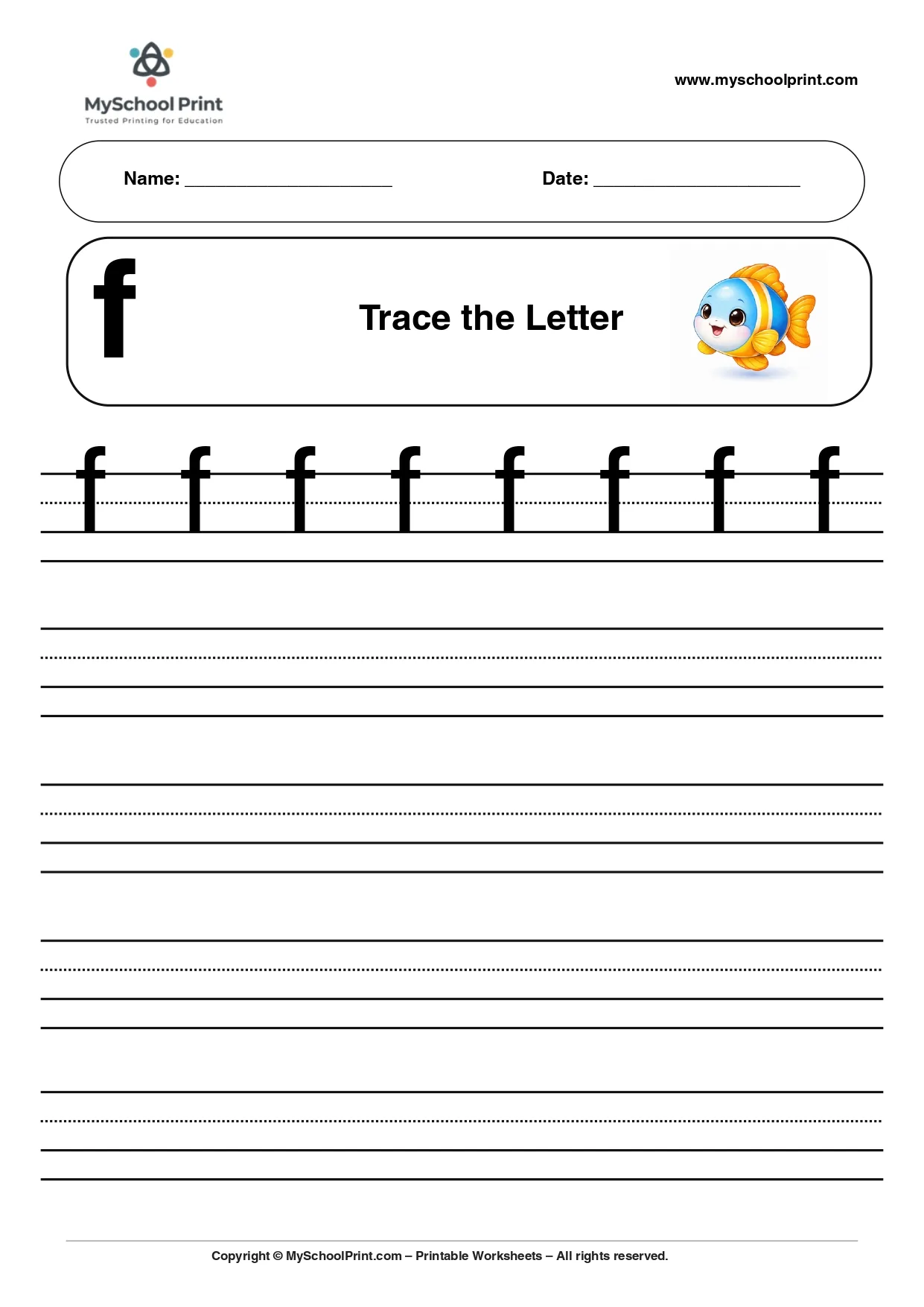 Solid lowercase letter f worksheet for preschool and kindergarten