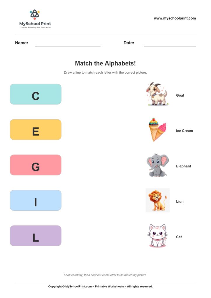 Alphabet matching worksheet 7 with uppercase letters and colorful pictures for preschool and kindergarten