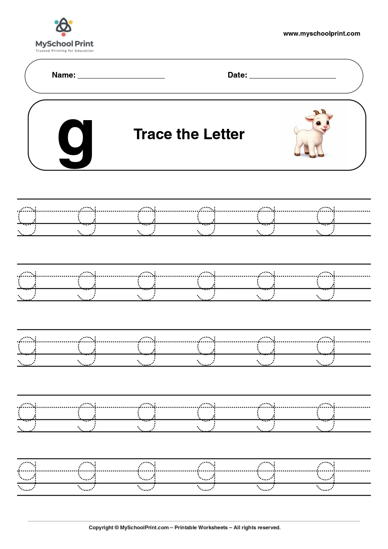 Lowercase letter g worksheet for preschool and kindergarten