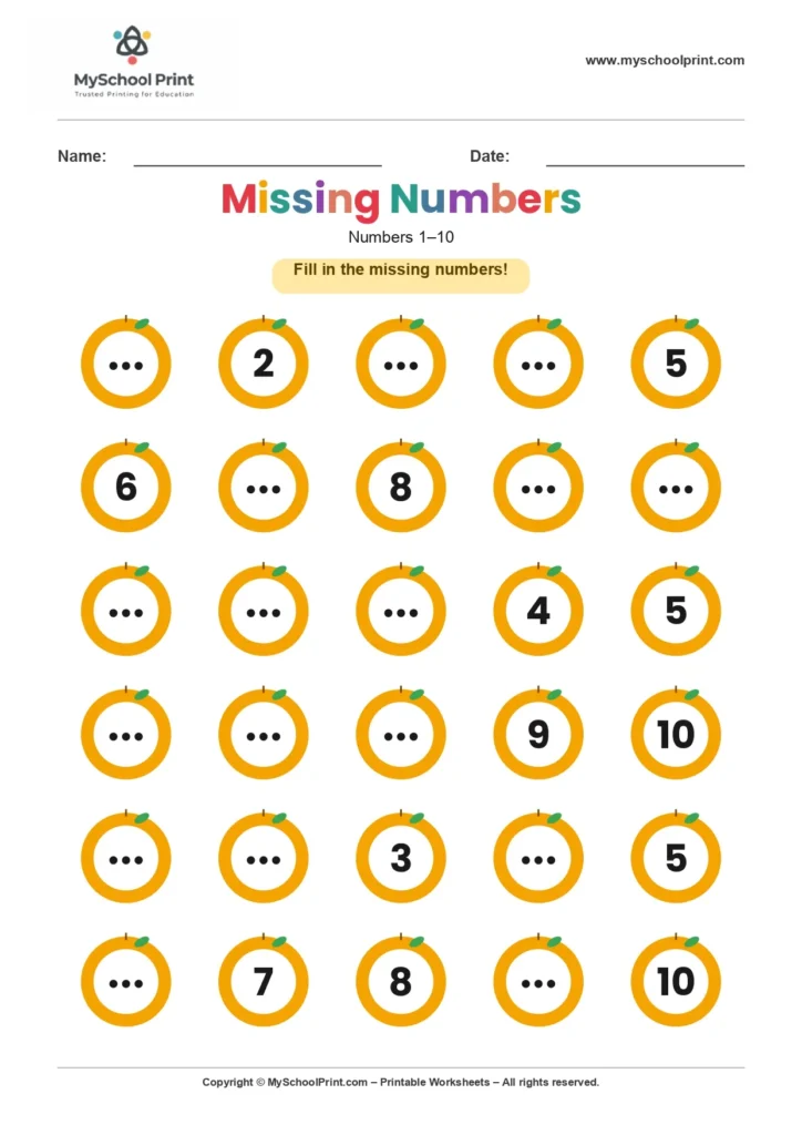 Missing numbers worksheet 7
