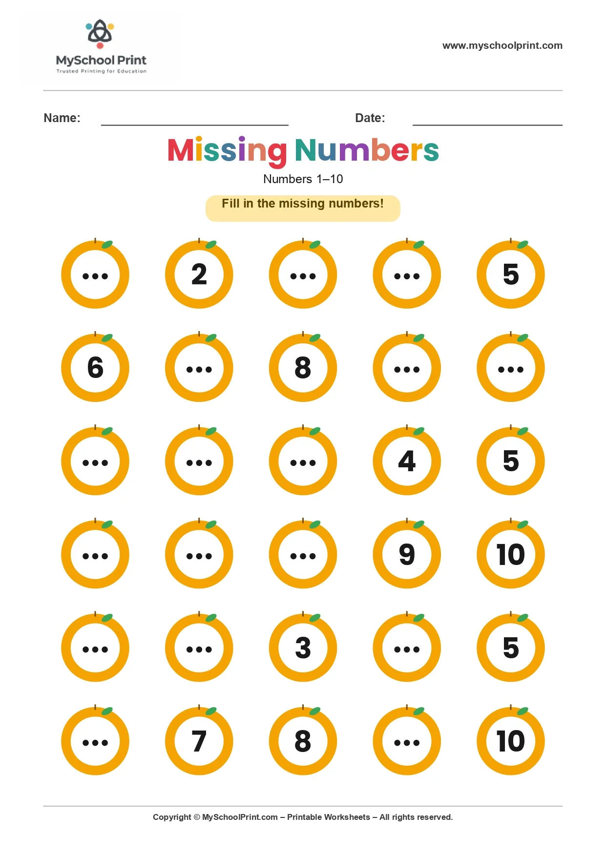 Missing numbers worksheet 7
