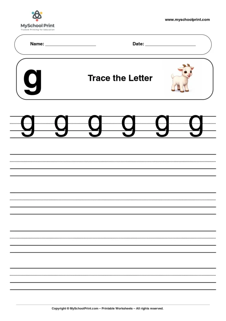 Solid lowercase letter g worksheet for preschool and kindergarten