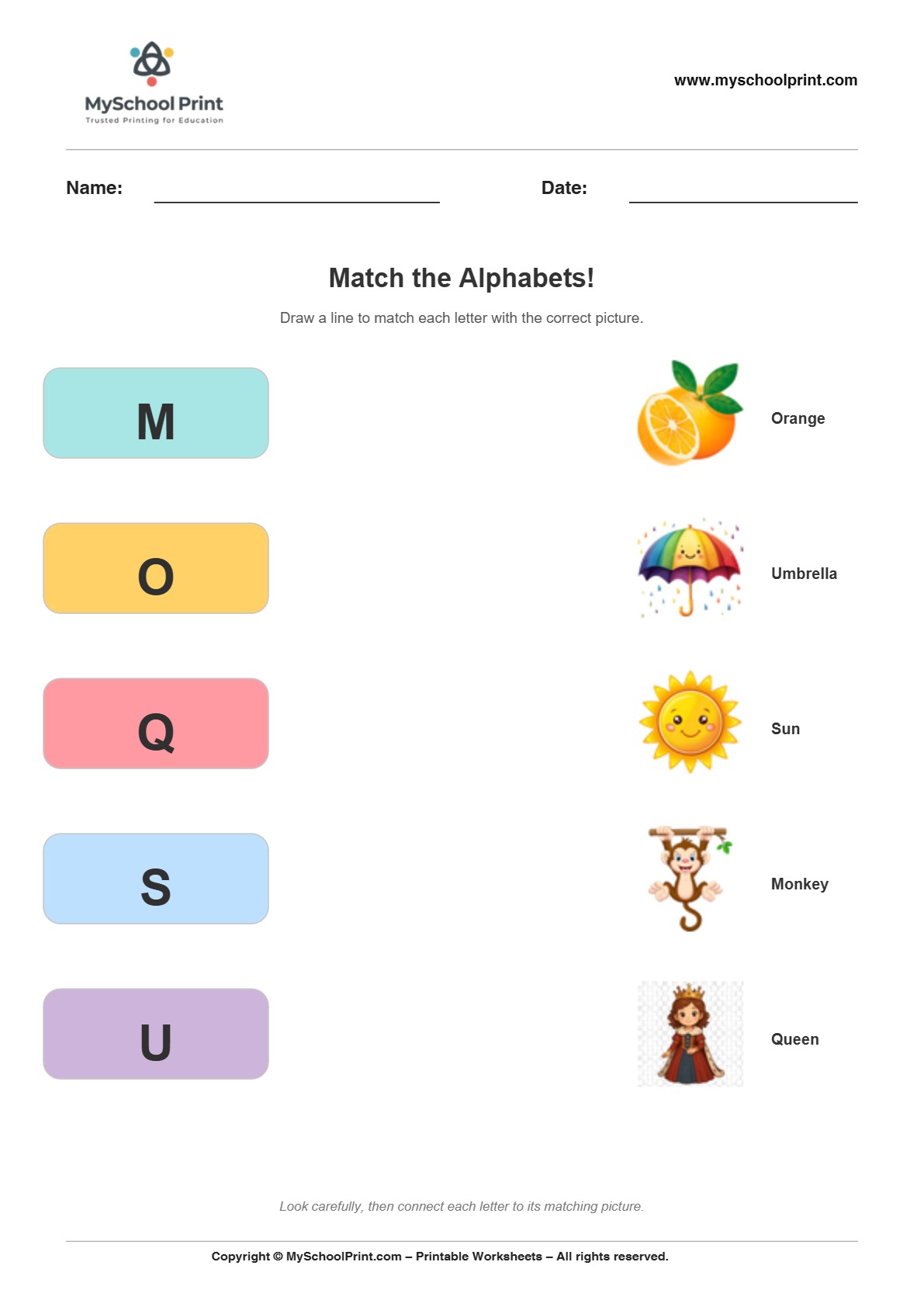 Alphabet matching worksheet 8 with uppercase letters and colorful pictures for preschool and kindergarten