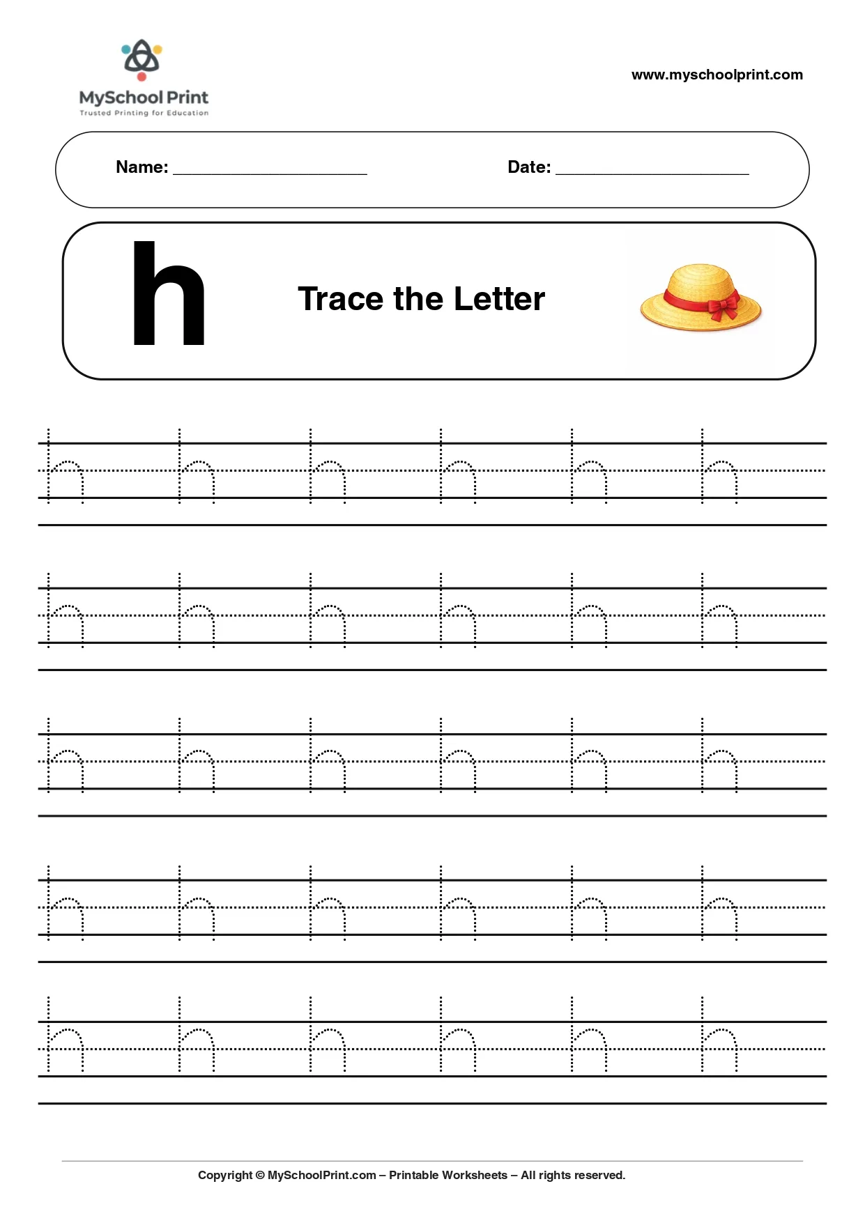 Lowercase letter h worksheet for preschool and kindergarten