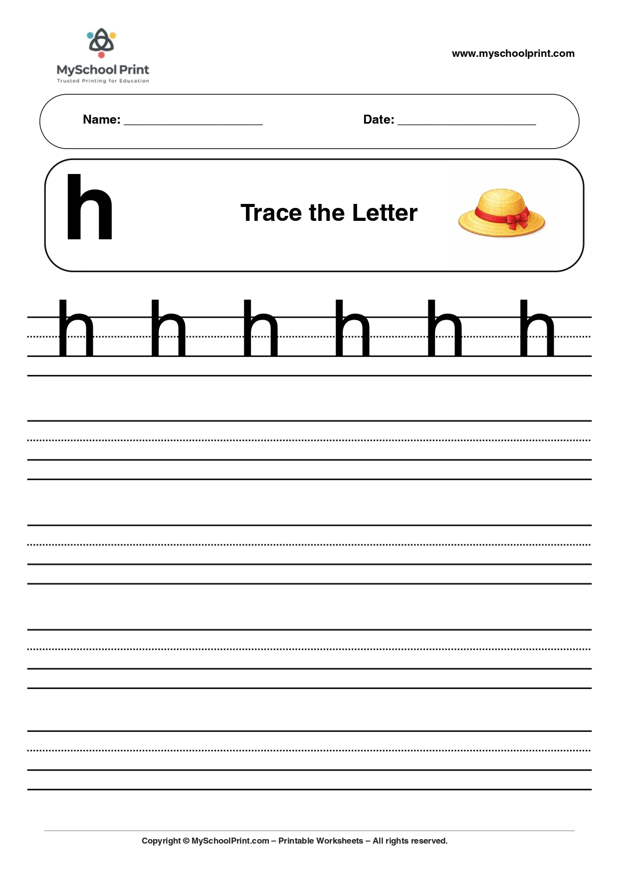 Solid lowercase letter h worksheet for preschool and kindergarten