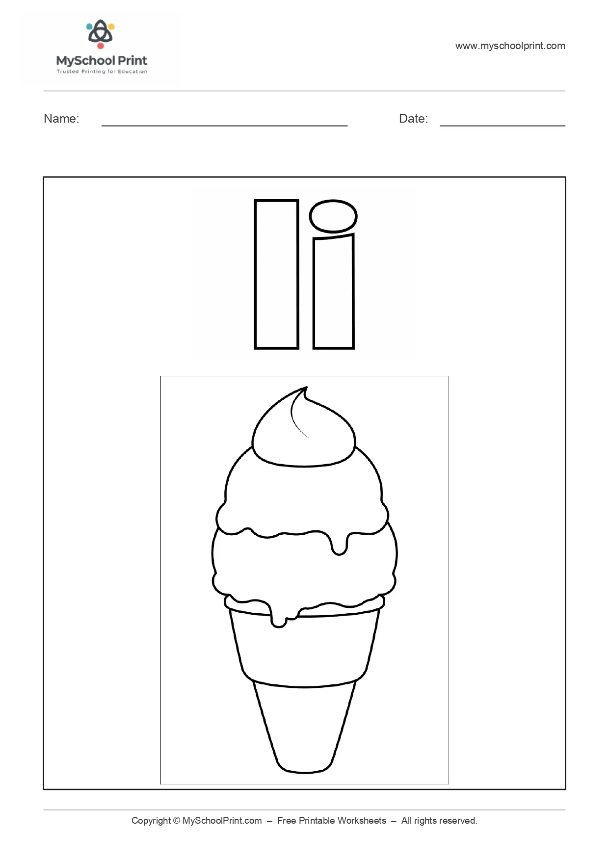 Alphabet letter i coloring worksheet