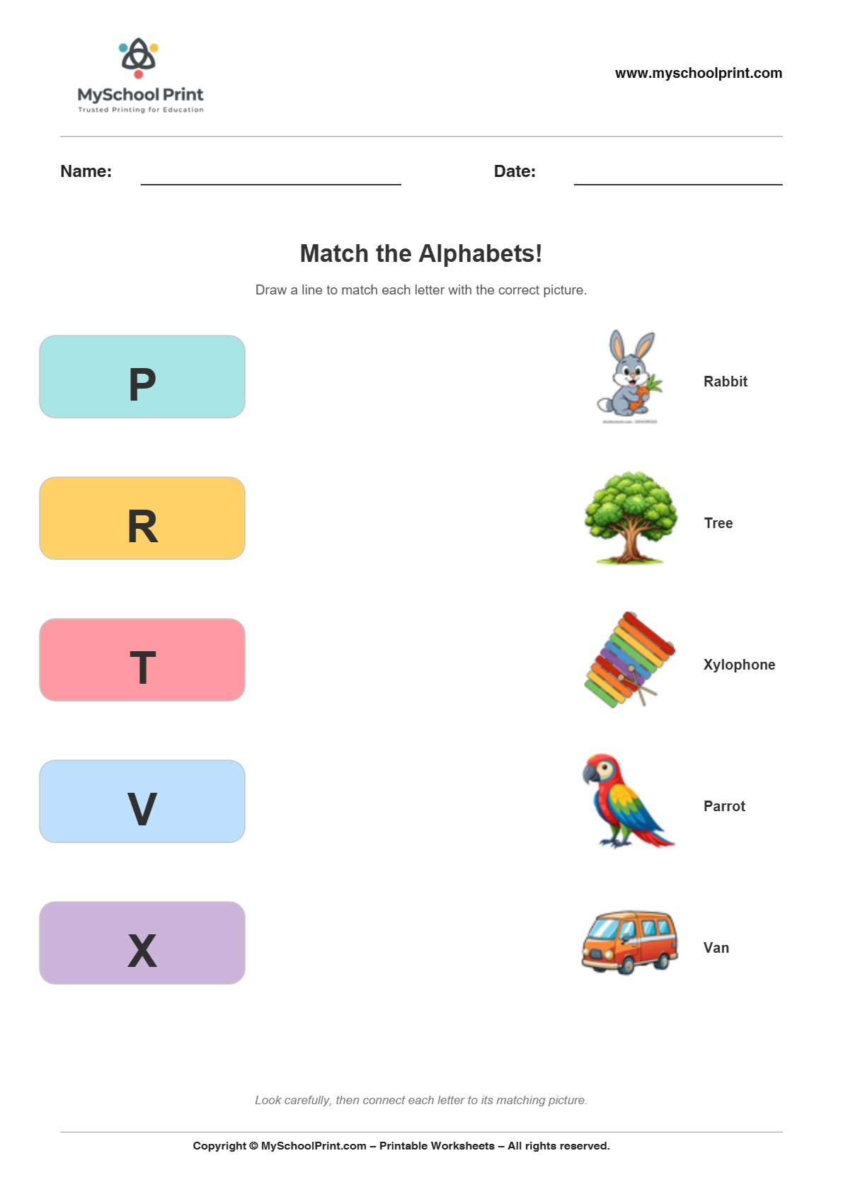 Alphabet matching worksheet 9 with uppercase letters and colorful pictures for preschool and kindergarten