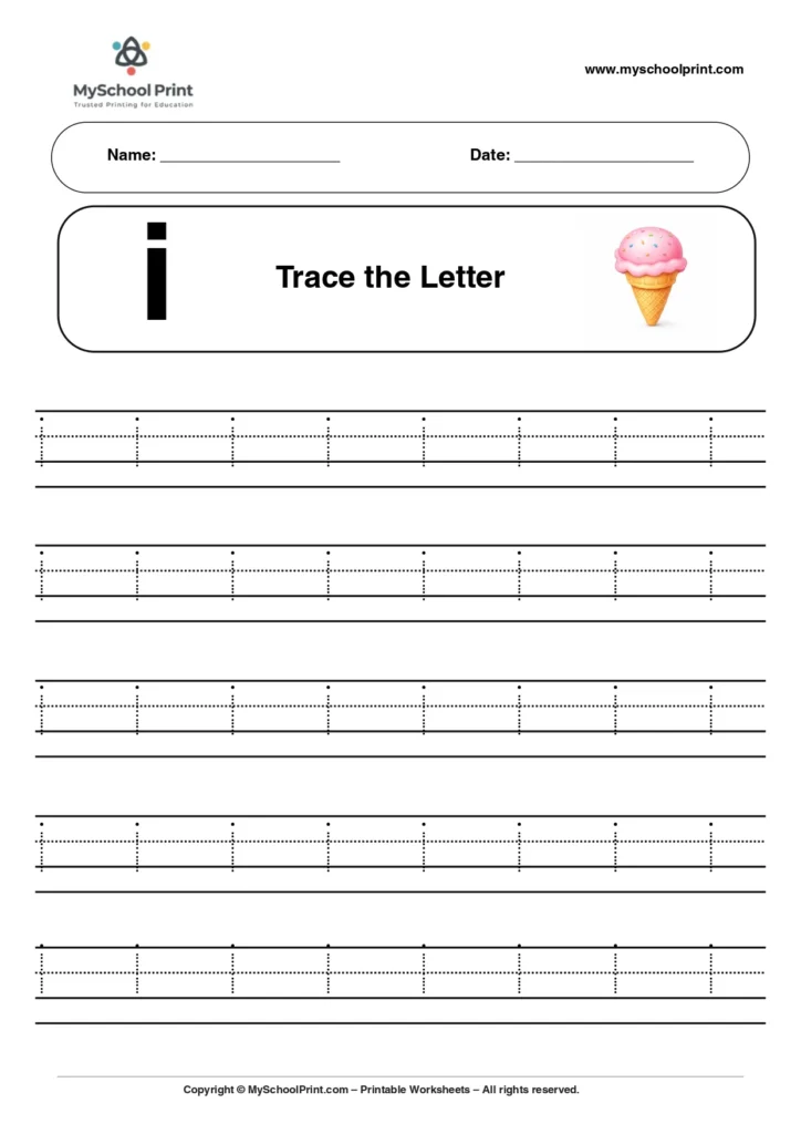 Lowercase letter i worksheet for preschool and kindergarten