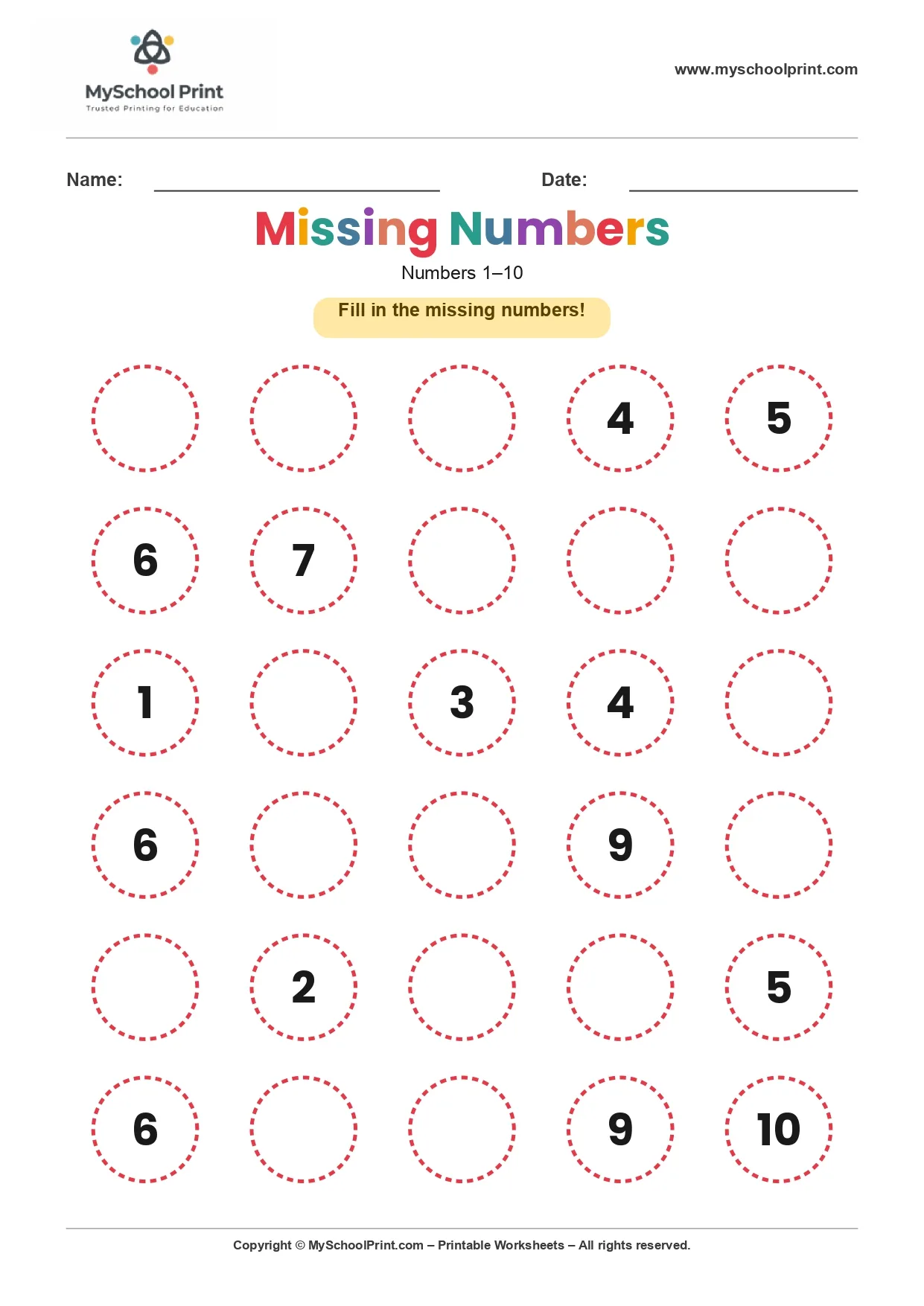 Missing numbers worksheet 9