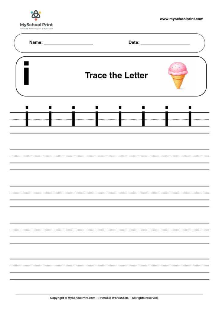 Solid lowercase letter i worksheet for preschool and kindergarten