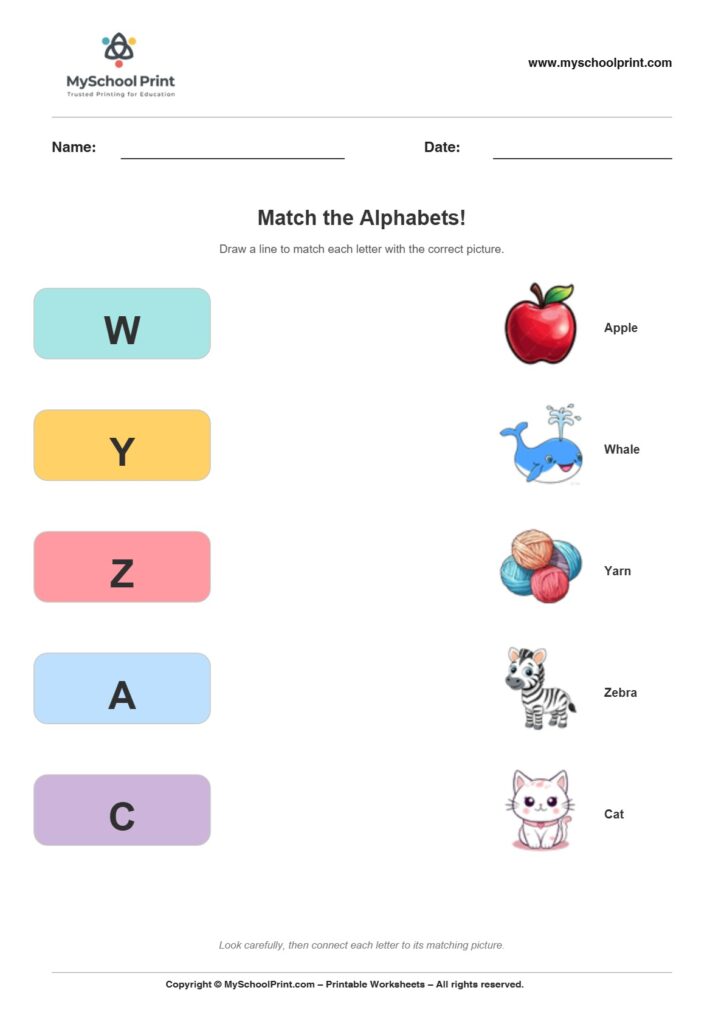 Alphabet matching worksheet 10 with uppercase letters and colorful pictures for preschool and kindergarten