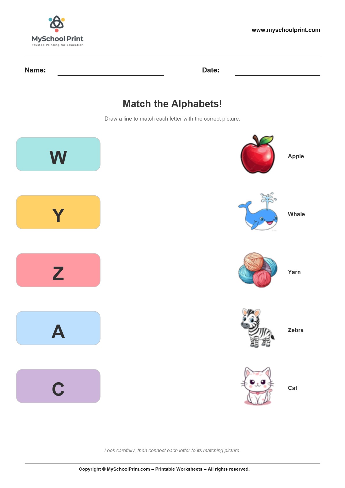Alphabet matching worksheet 10 with uppercase letters and colorful pictures for preschool and kindergarten