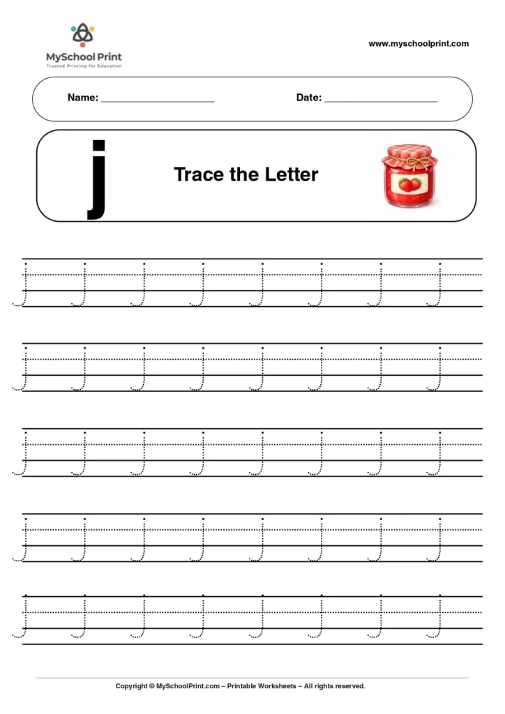 Lowercase letter j worksheet for preschool and kindergarten