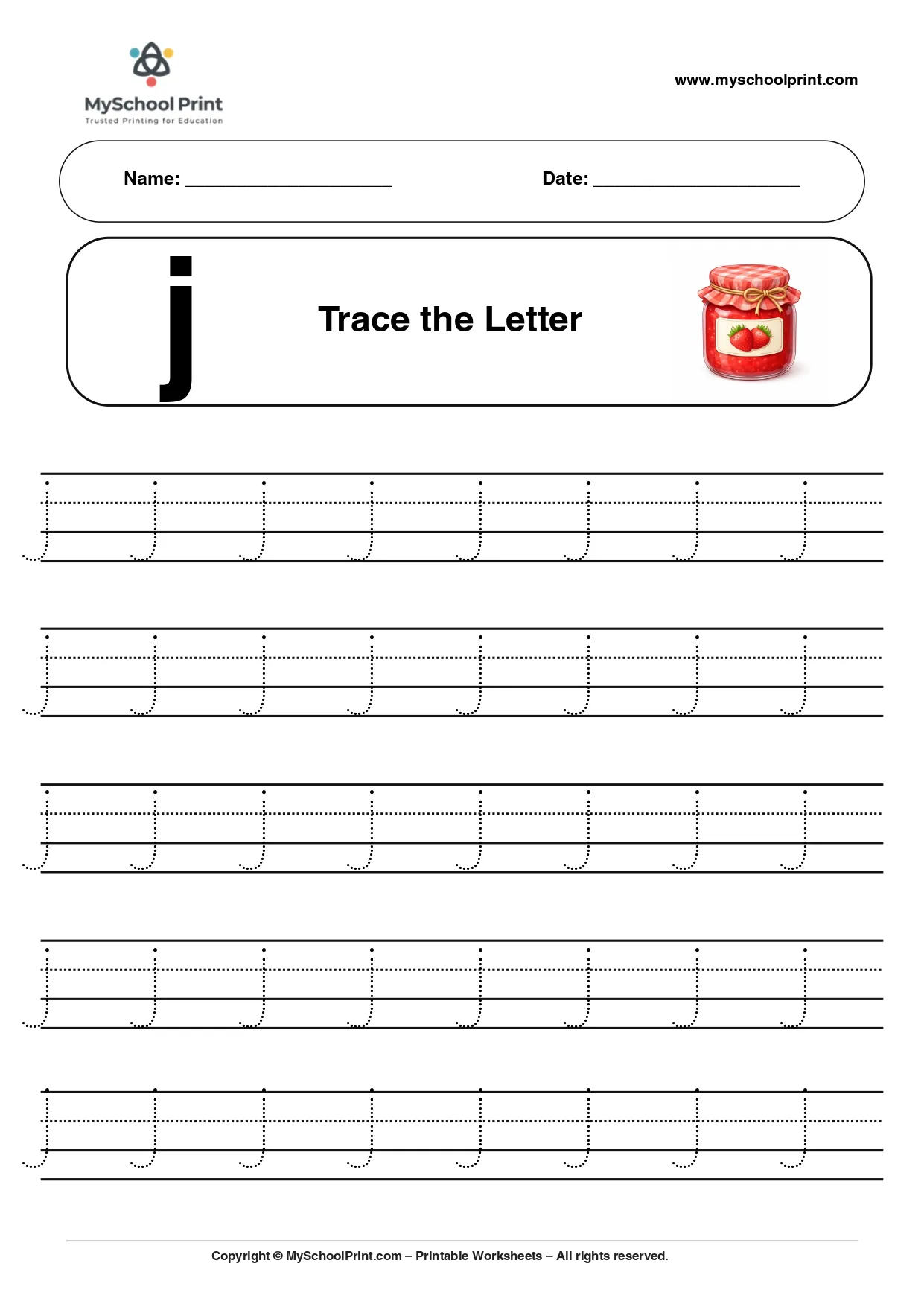 Lowercase letter j worksheet for preschool and kindergarten