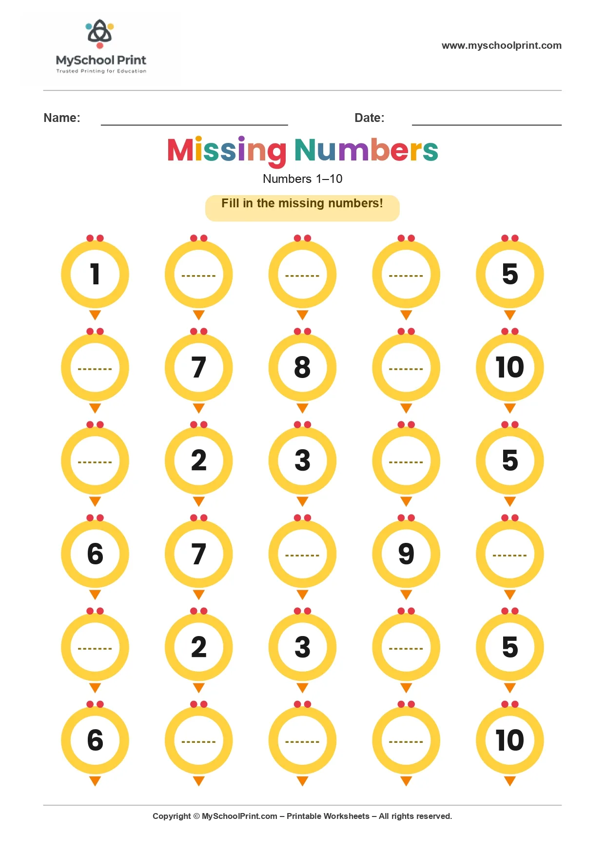 Missing numbers worksheet 10